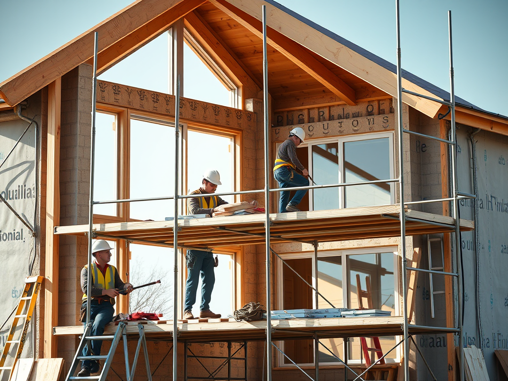Byggarbetare bygger på ett hus
