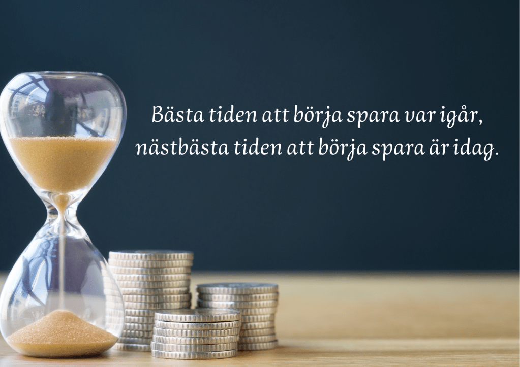 Ett timglas och högar med mynt, samt en text där det står "Bästa tiden att spara var igår, nästbästa tiden att börja spara är idag."